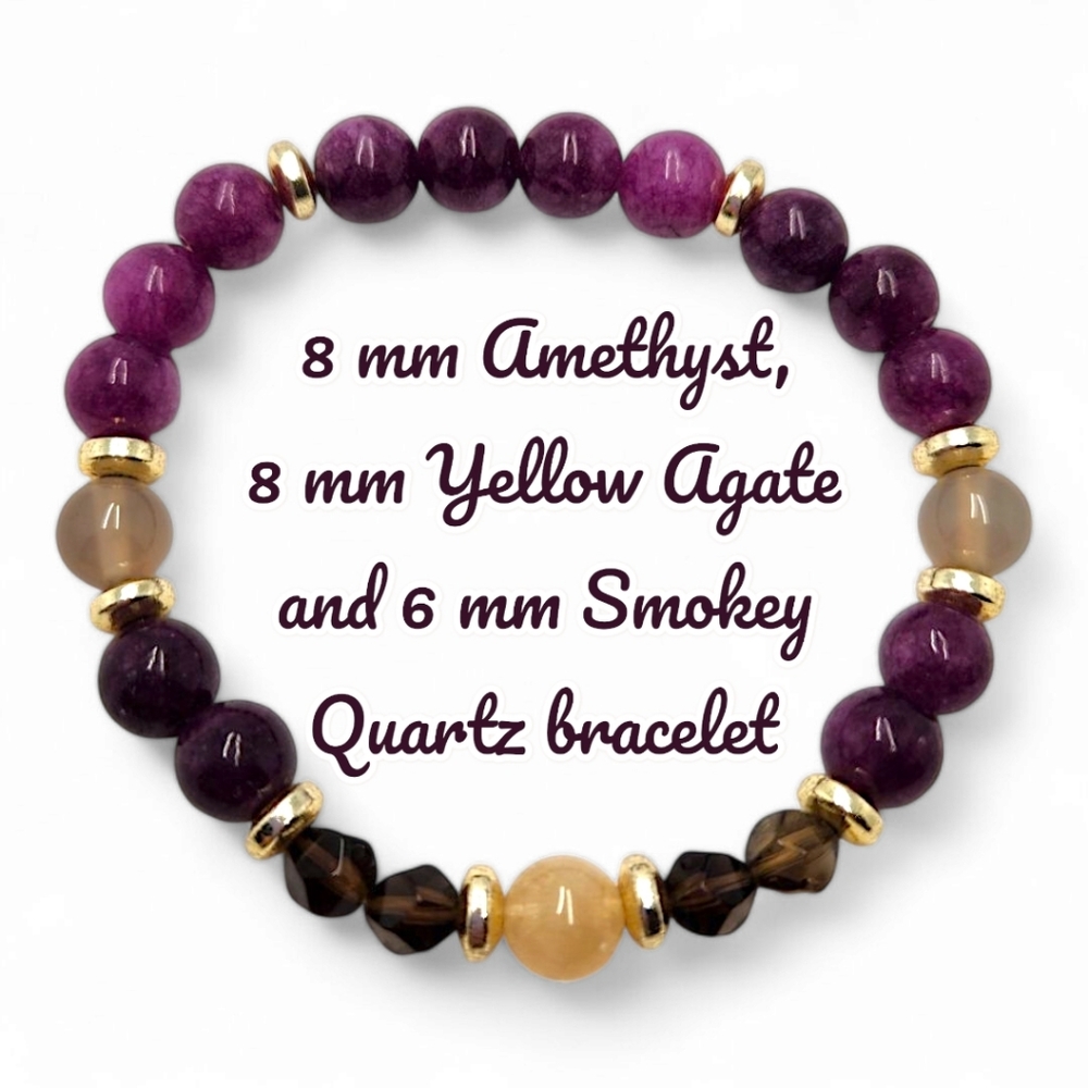 8 mm Amethyst, Agate and Smokey Quartz bracelet